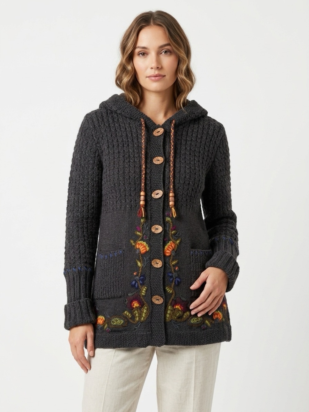Newari Hooded Long Cardigan Floral Embroidered 100% Wool Charcoal L/XL